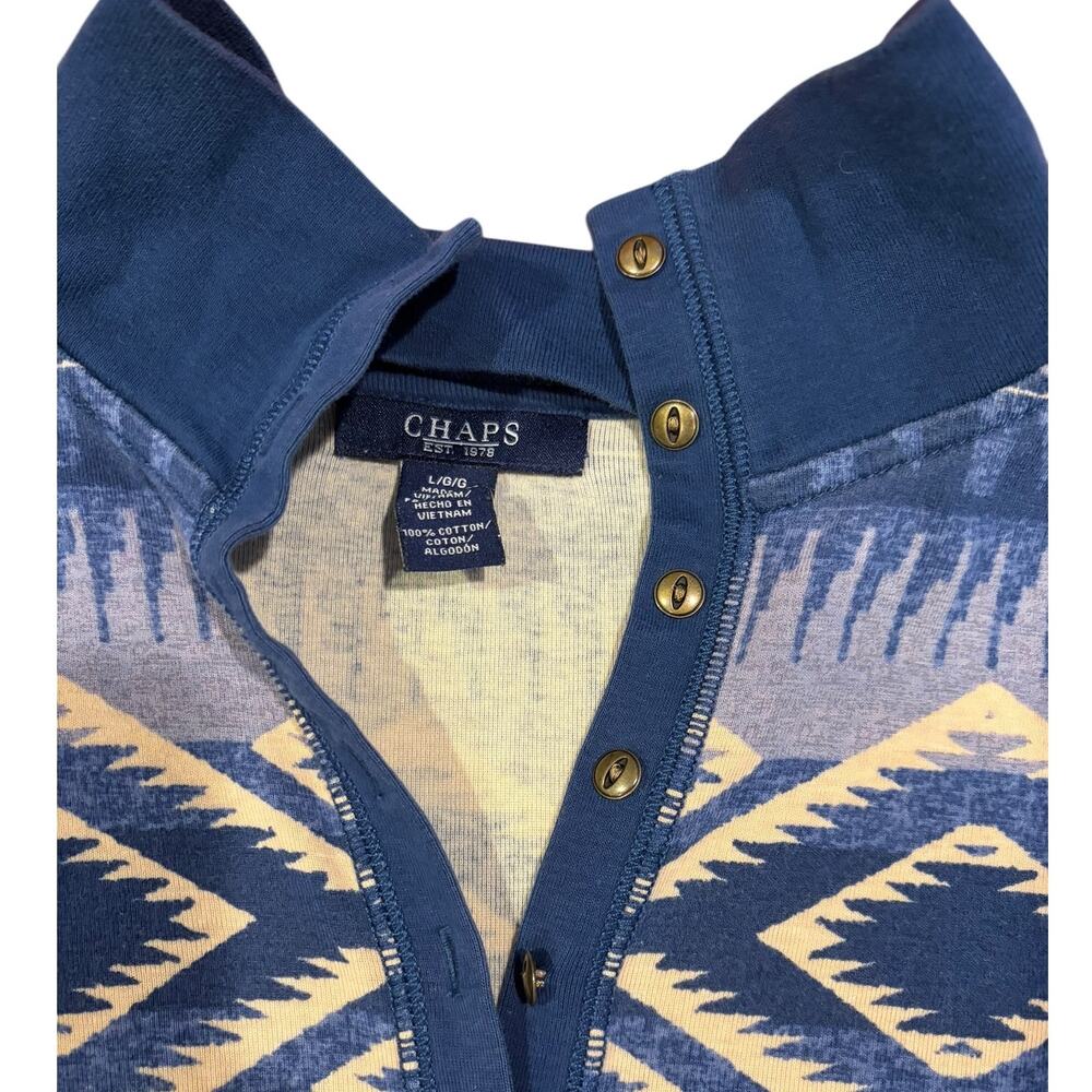 CHAPS Women's Henley Shirt LARGE Blue Aztec Southwestern Long Sleeve Cotton Mock